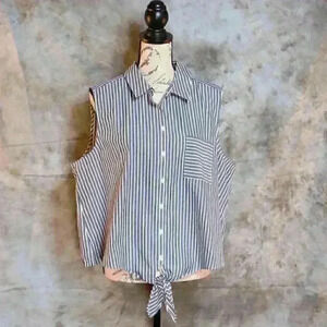 Women's Chico's Size 3.5 No Iron Sleeveless collared tie front blue/white stripe
